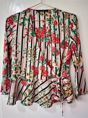 Zara| Striped White Floral Peplum Wrap Blouse in Black, Res & Green Sz M